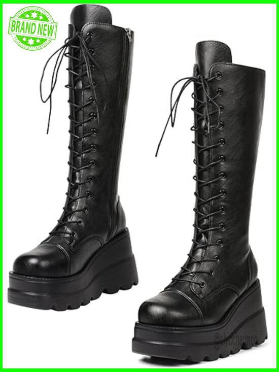 Shoes - Mid Calf Wedge Platform Combat Boots Chunky Heel Punk Zip
